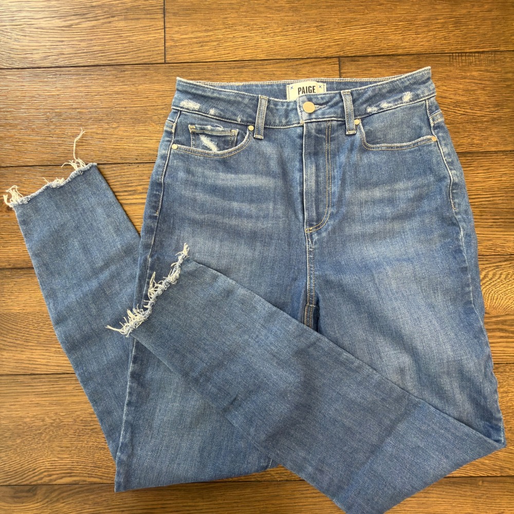 Paige High Rise Skinny Distressed Jeans Medium Wash Frayed Hem Size 28